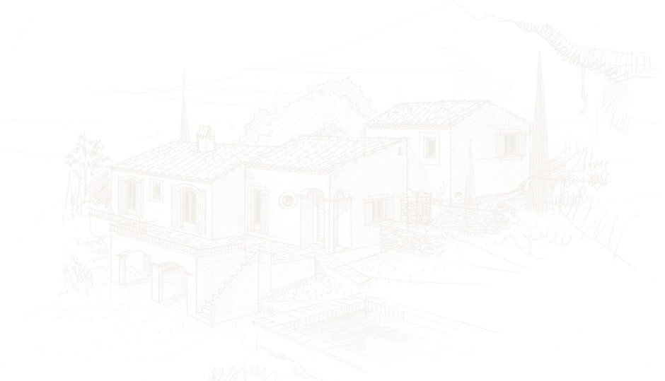 Croquis à la main d'un mas avec piscine